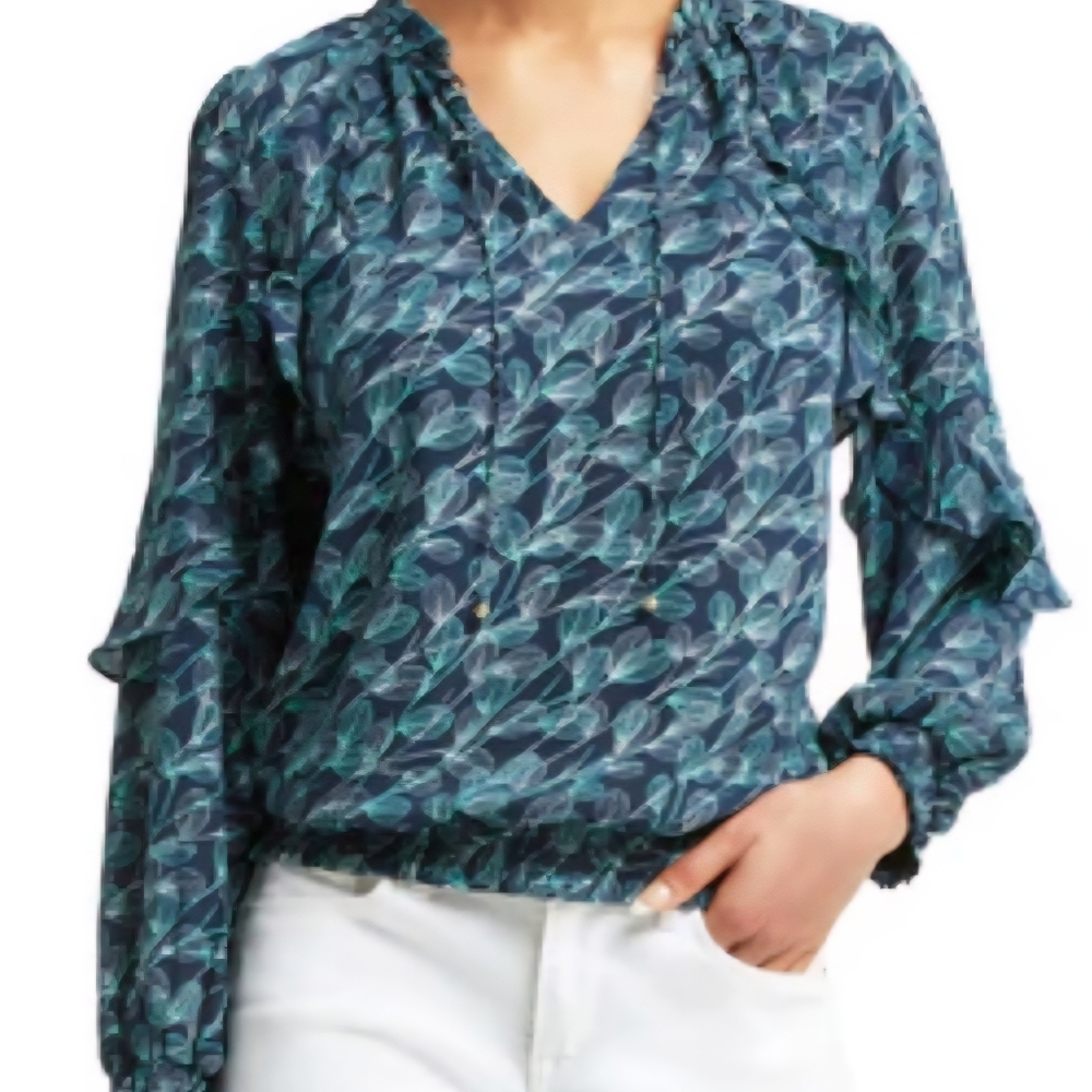 Halston Heritage Blue Green Ruffled Long Sleeve Blouse Size XXL